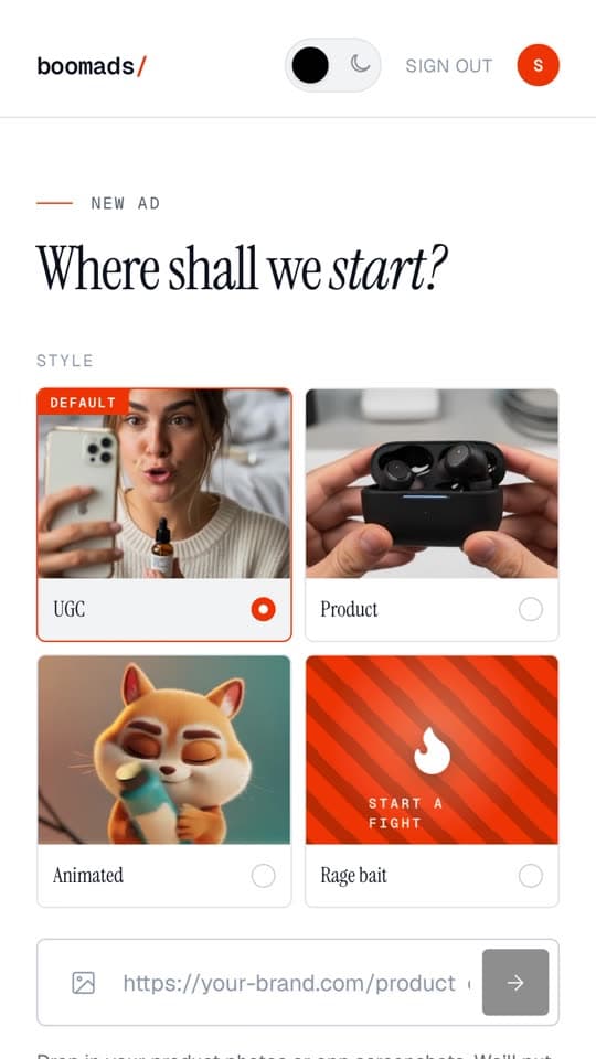 The BoomAds composer on iPhone: the 'Where shall we start?' screen with format options (UGC, Product, Animated, Unhinged) and a product URL field.