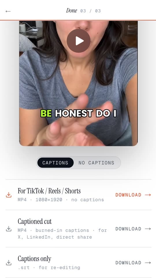 The BoomAds 'Your ad is live' screen with the finished vertical video and download options for TikTok, Reels and Shorts.